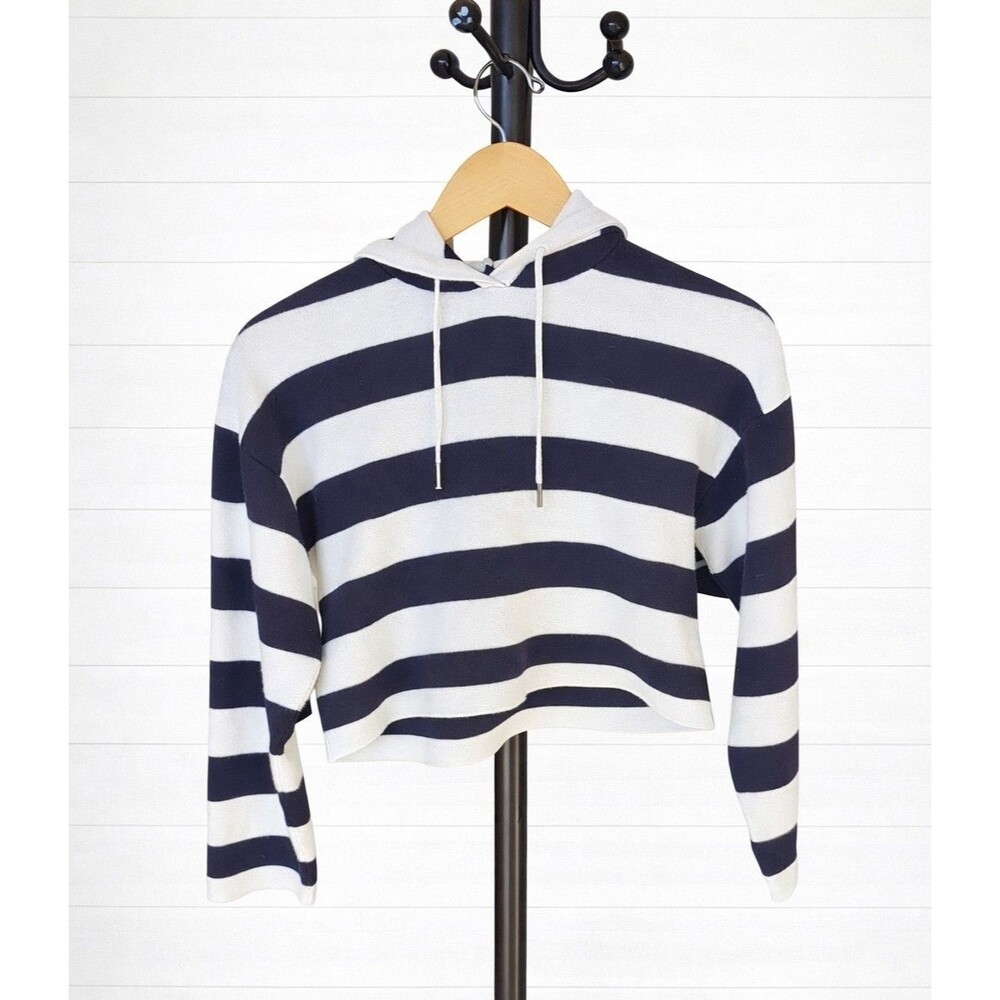 Primark Cares Cropped Navy and white Striped Hoodie 3/4 Sleeve 2XS